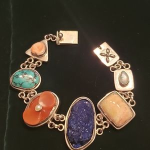 Vintage SS boho chic stamped KH druzy and multi stone bracelet.